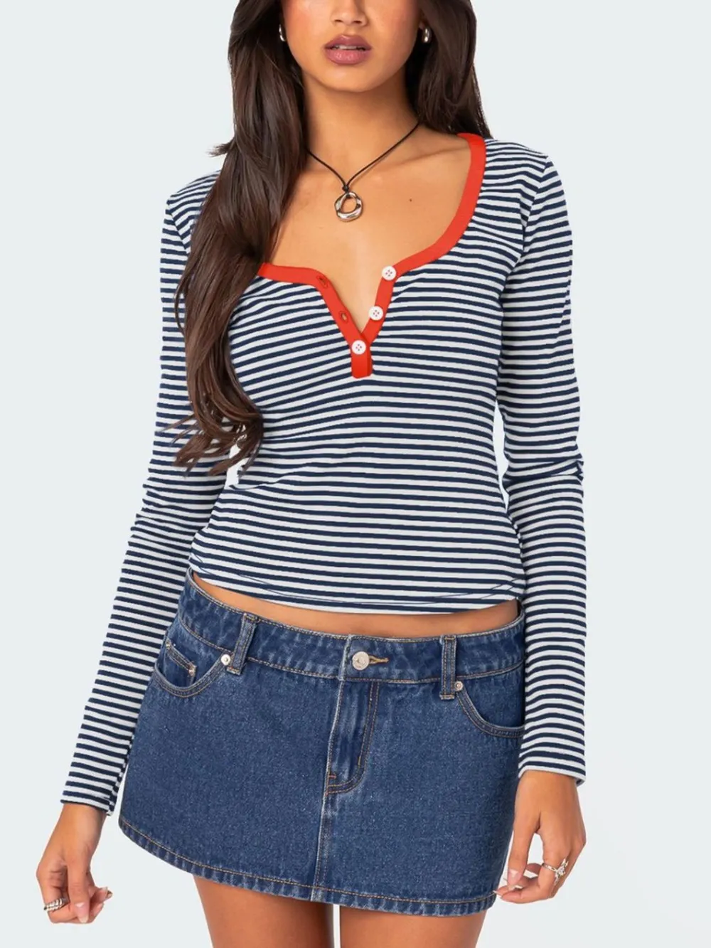 Buttoned Striped Long Sleeve T-Shirt, image 7