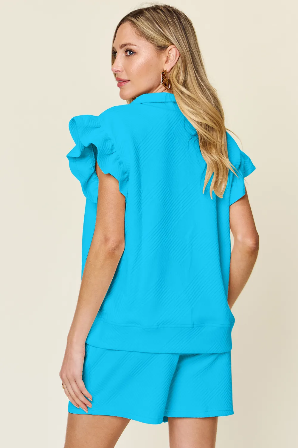 Full Size Texture Flounce Sleeve Top and Drawstring Shorts Set, image 34