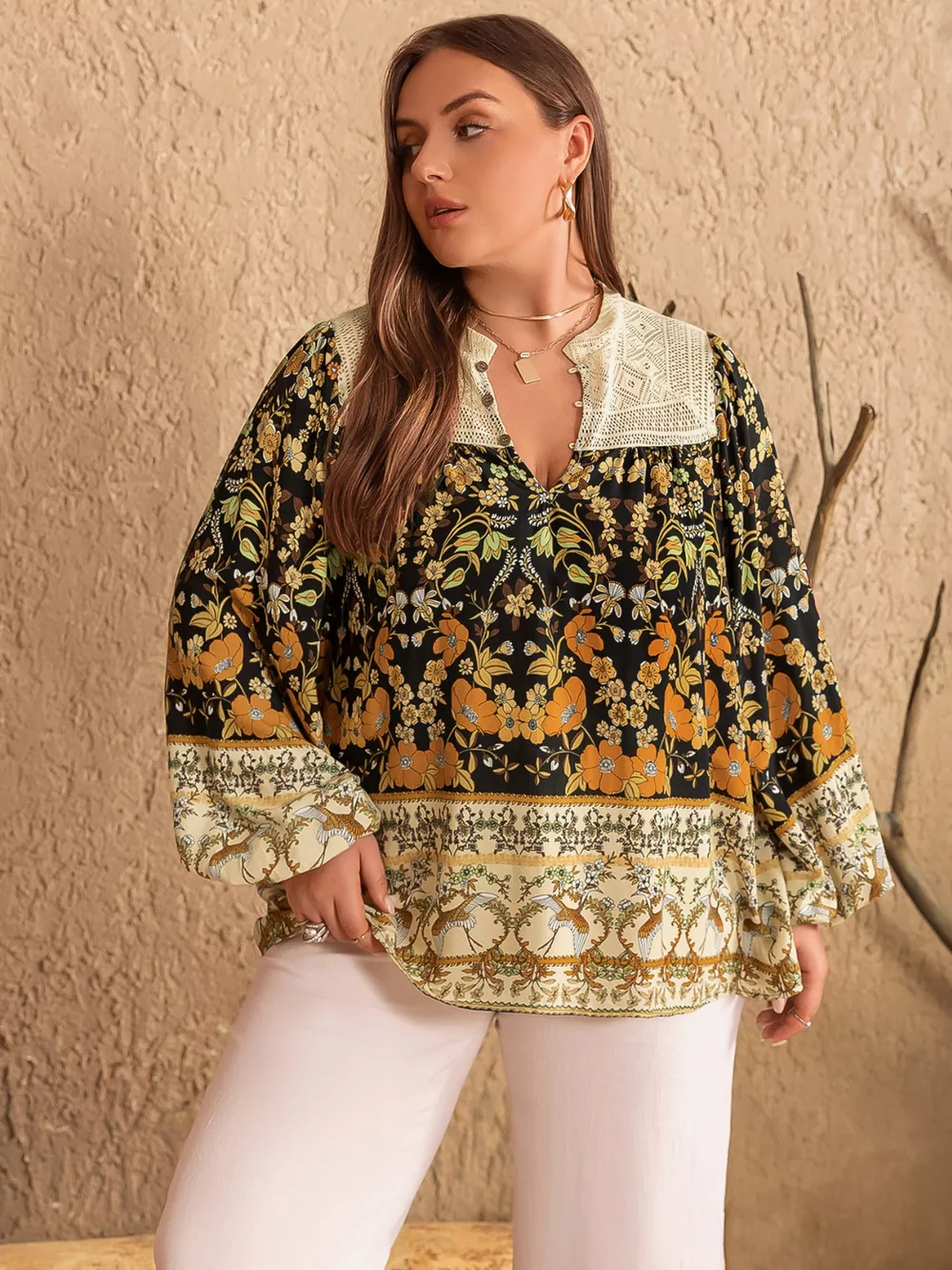 Plus Size Floral Print Notched Blouse, image 6