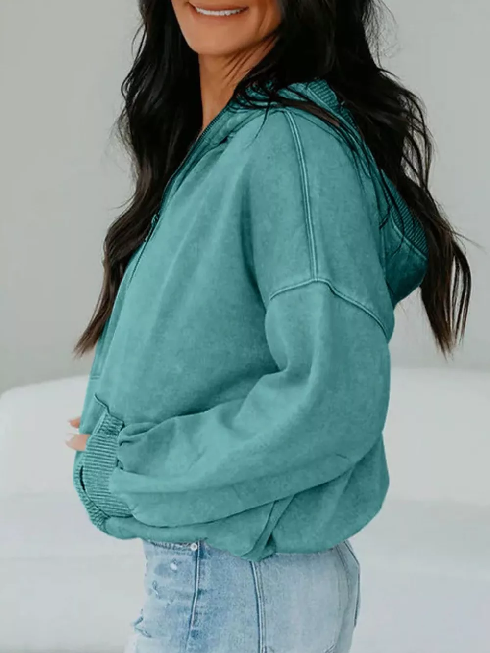 Half Zip Kangaroo Pocket Mineral Wash Baggy Hoodie, image 2