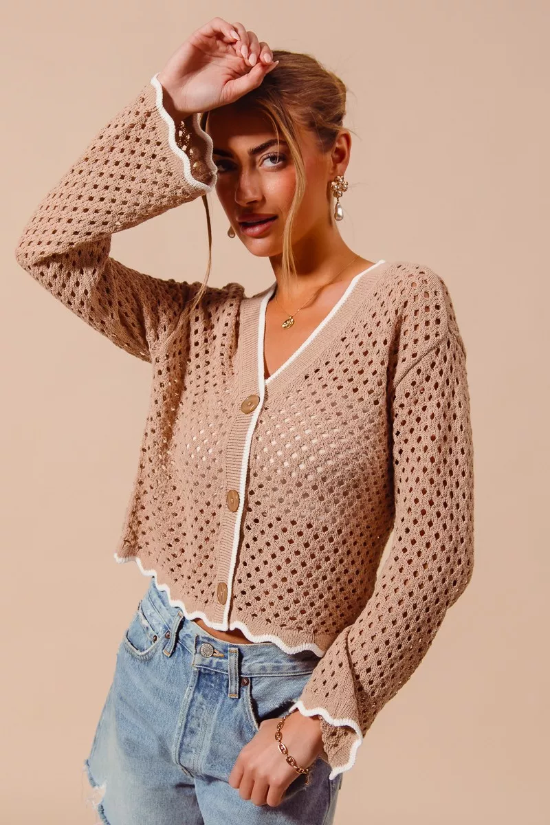 Open Knit Light Weight Sweater Cardigan With Contrast Wavy Scallop Edge, image 6