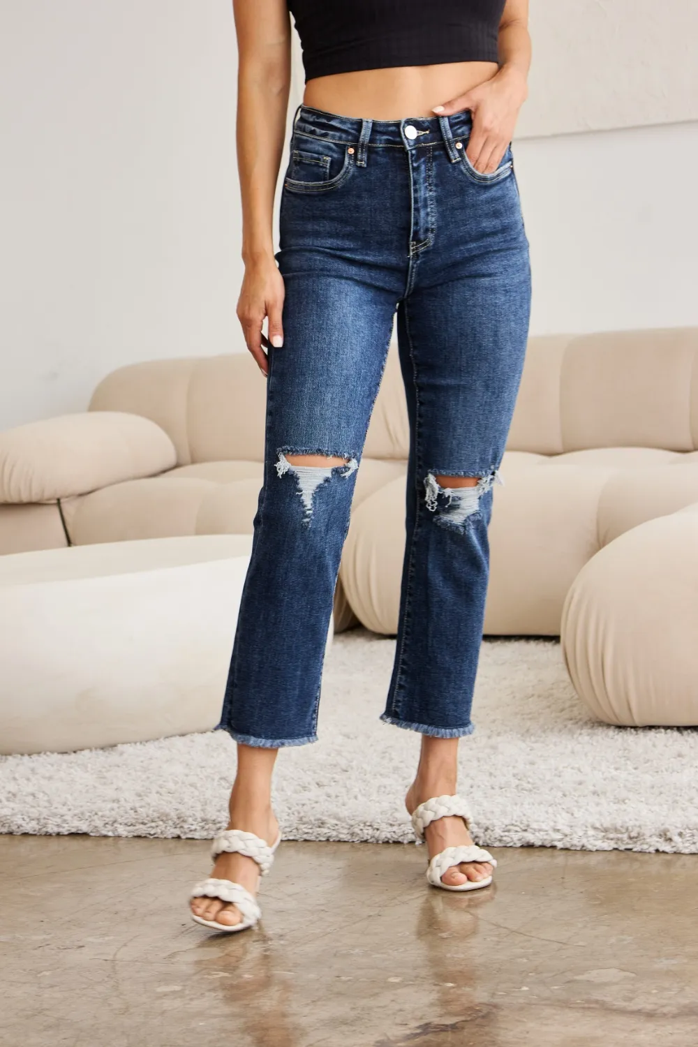 Crop Dylan Full Size Tummy Control Distressed High Waist Raw Hem Jeans, image 11