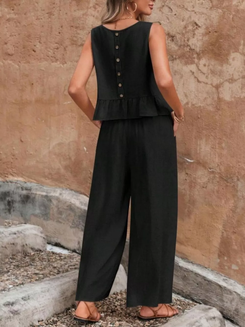 Sleeveless Ruffle Hem Top and Wide Leg Pants Two-Piece Set, image 15
