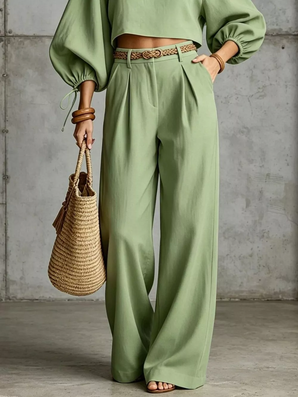 Balloon Sleeve Crop Top and Wide-Leg Pants Set, image 6