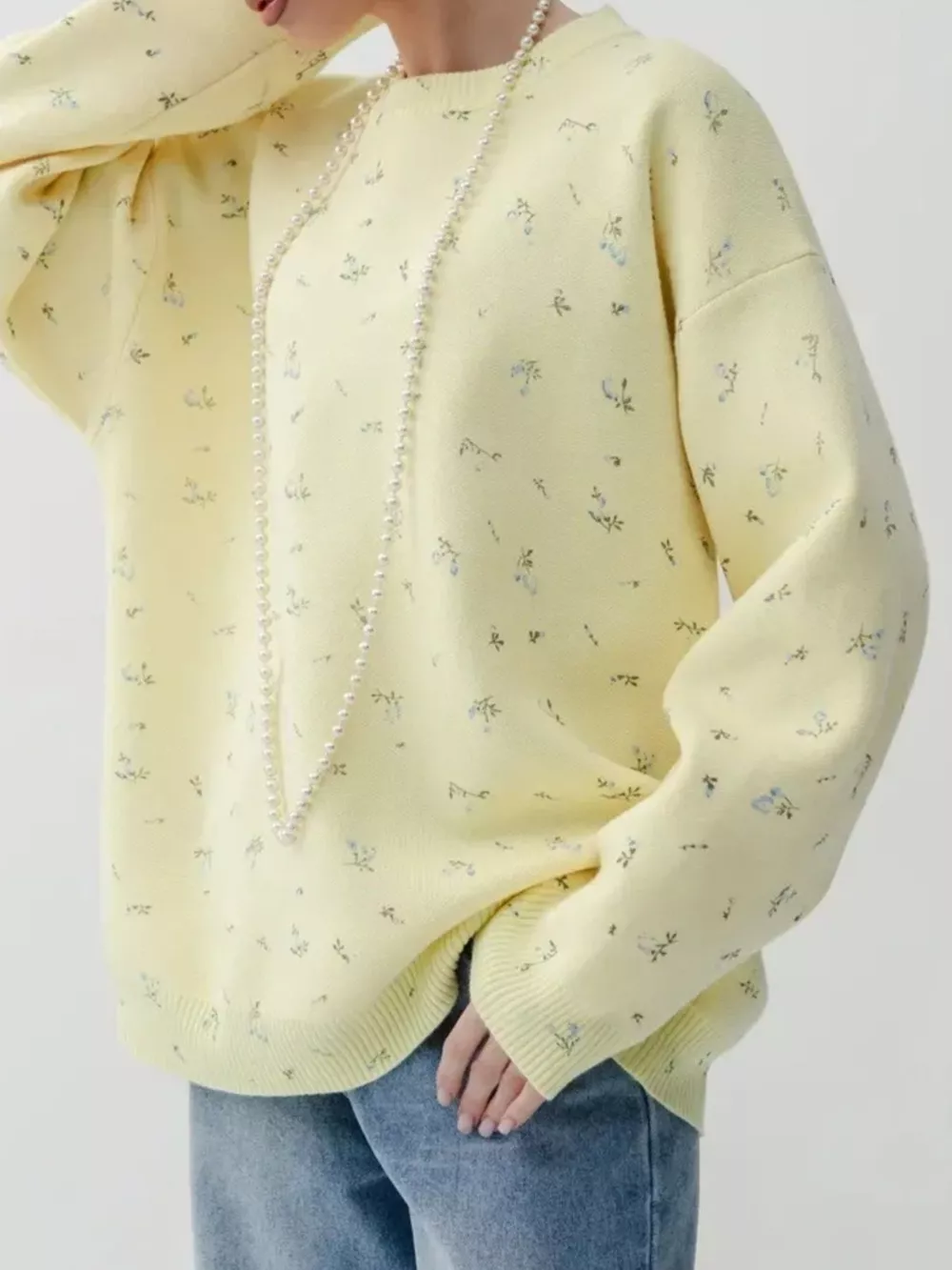 Ribbed Hem Floral Long Sleeve Sweater, image 7