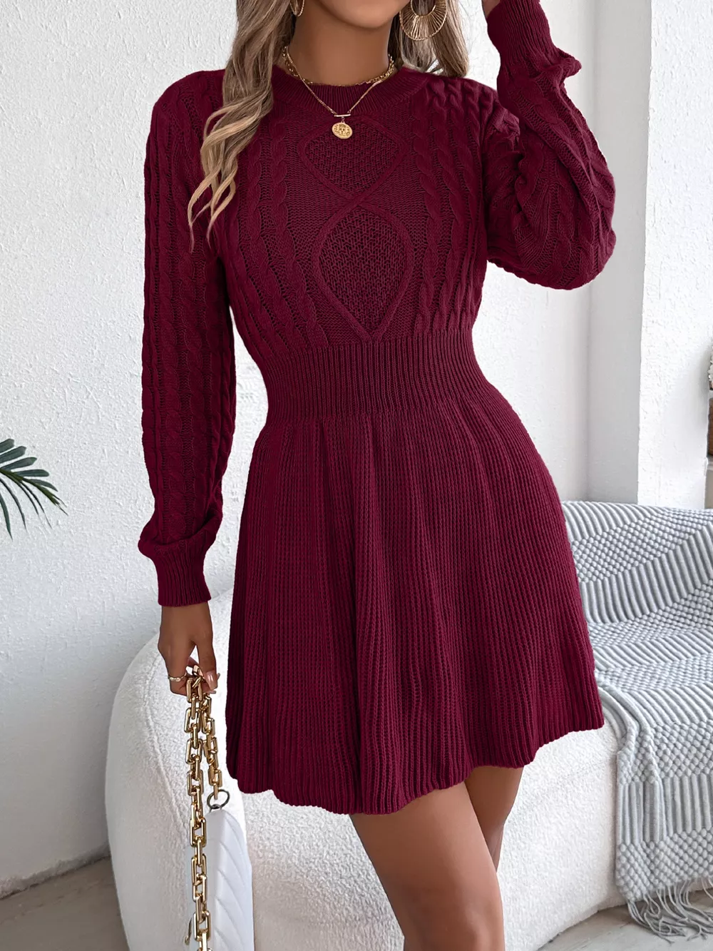 Cable Knit Long Sleeve Sweater Dress, image 16