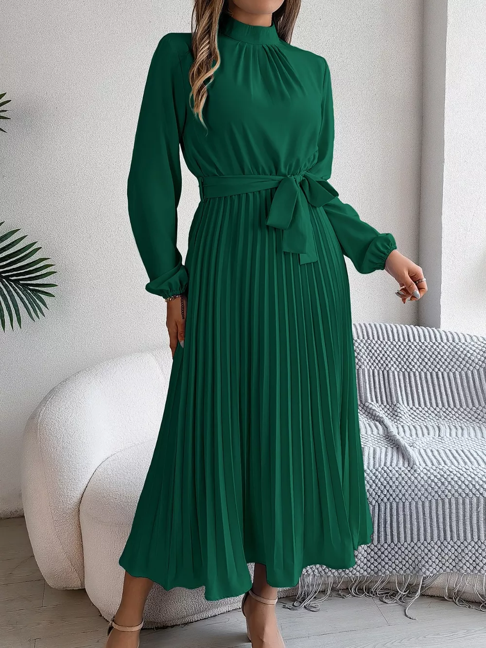 Mock Neck Pleated Midi Dress, image 27
