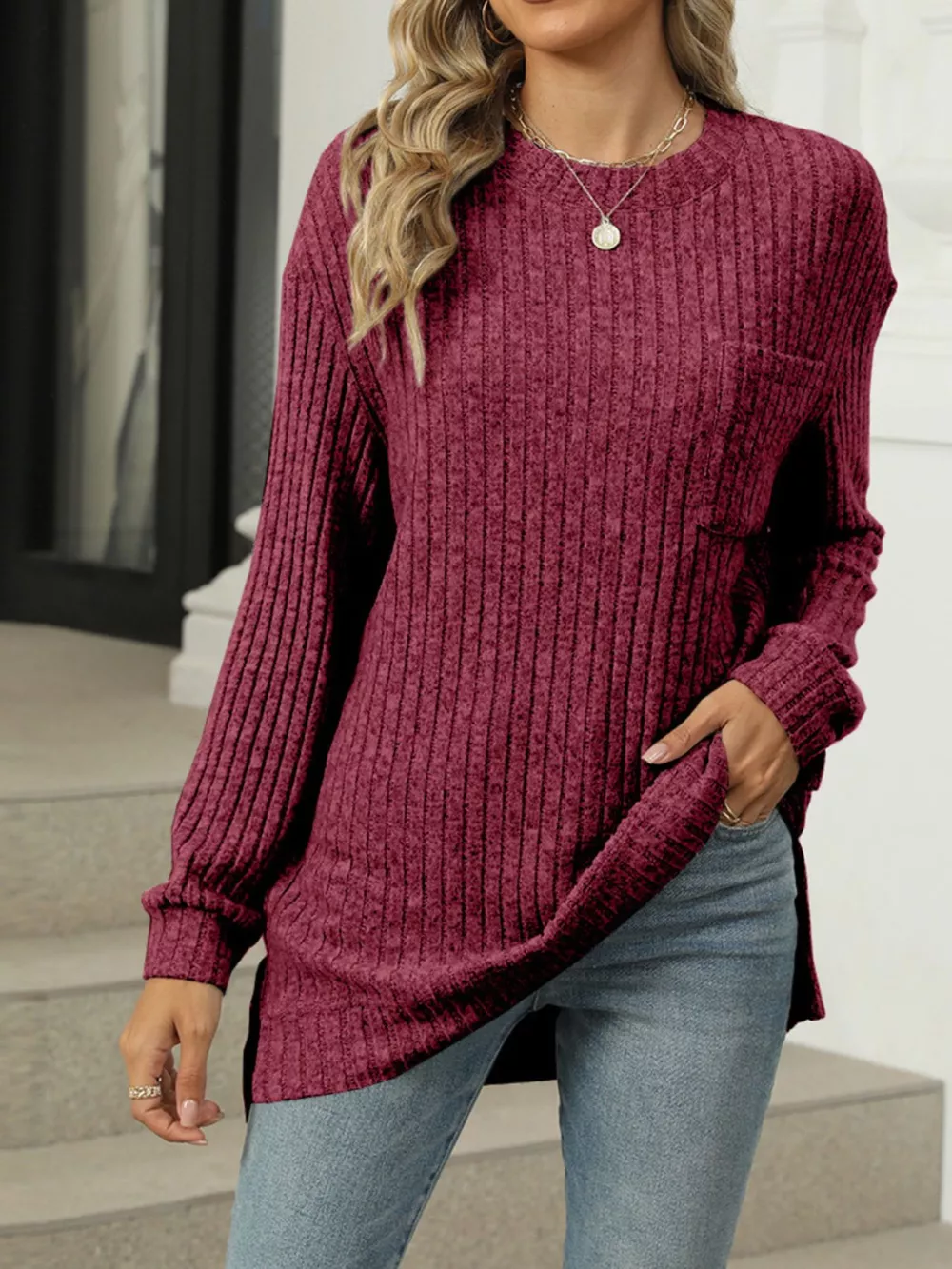 Ribbed Knit Round Neck Sweater, image 23