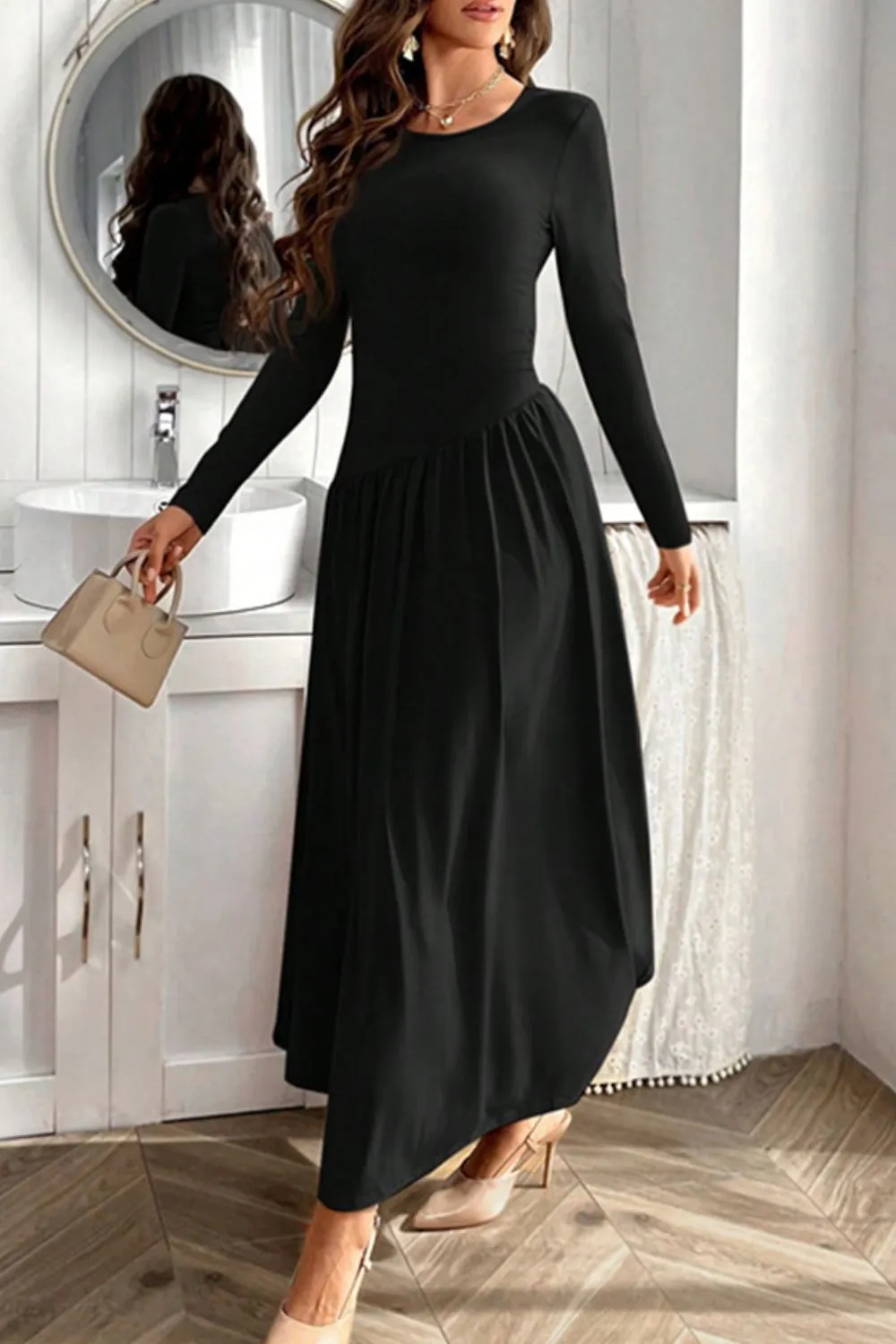 Ruched Round Neck Long Sleeve Dress, image 3