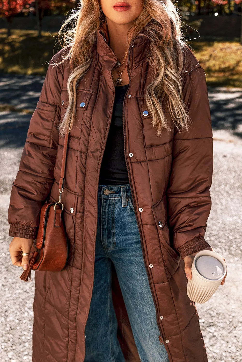 Pocketed Bubble Texture Long Sleeve Longline Winter Coat, image 7