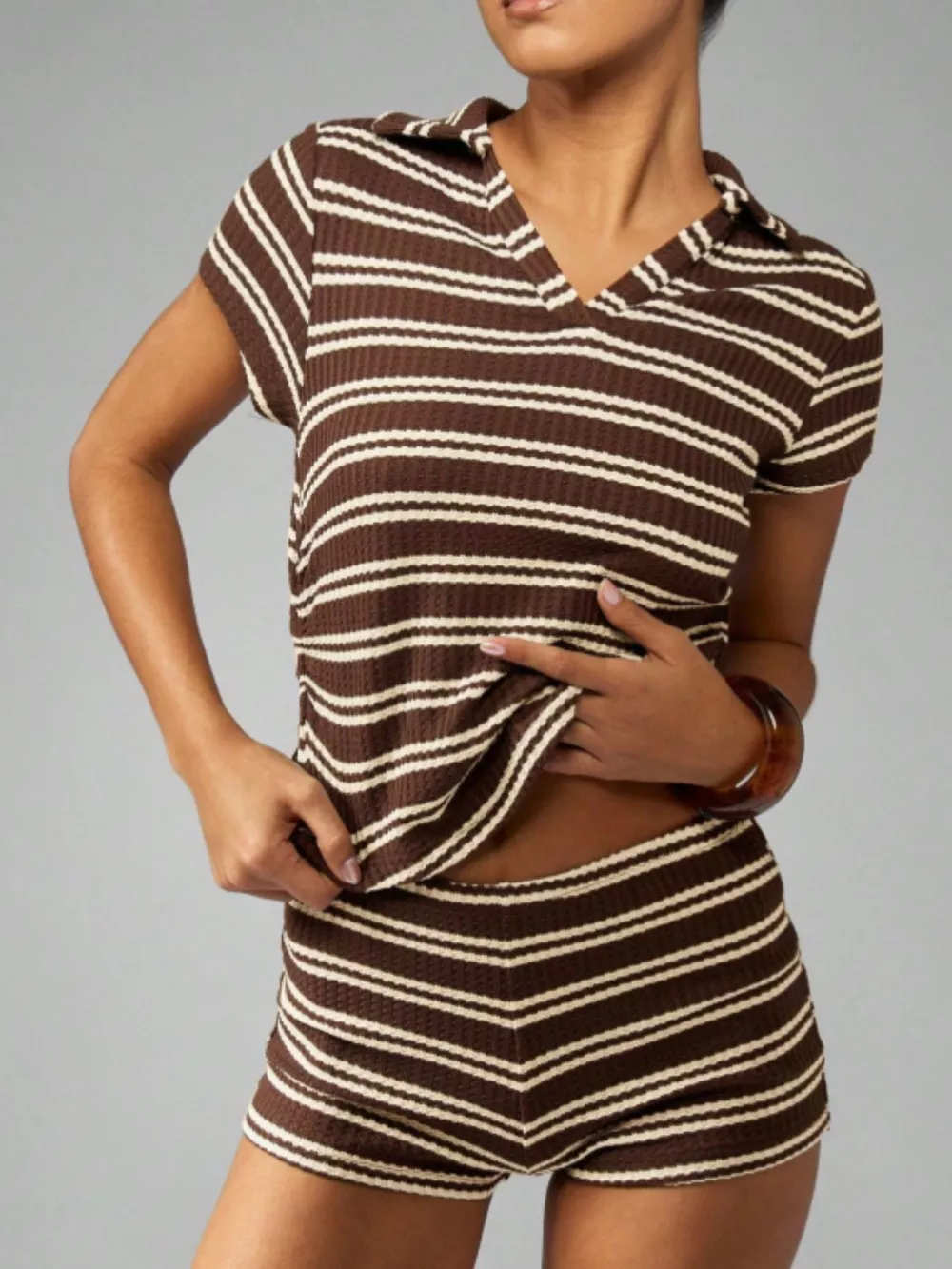 Striped Knit Short Sleeve Top & Shorts Set, image 3