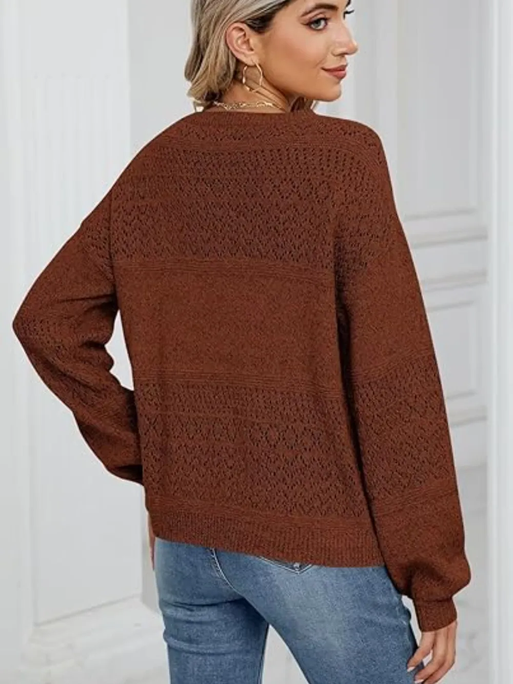 Eyelet V-Neck Long Sleeve Sweater, image 12
