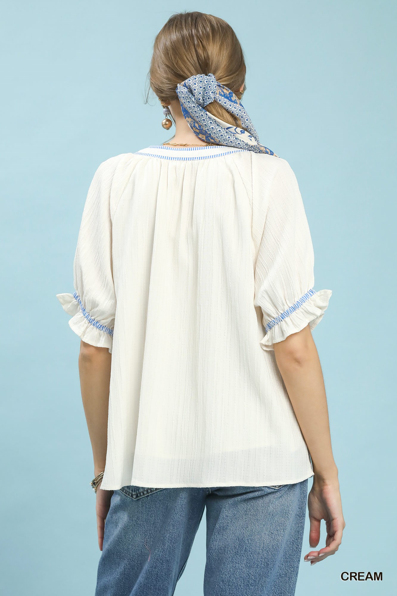 Textured Split Neck Puff Sleeve Top, image 5
