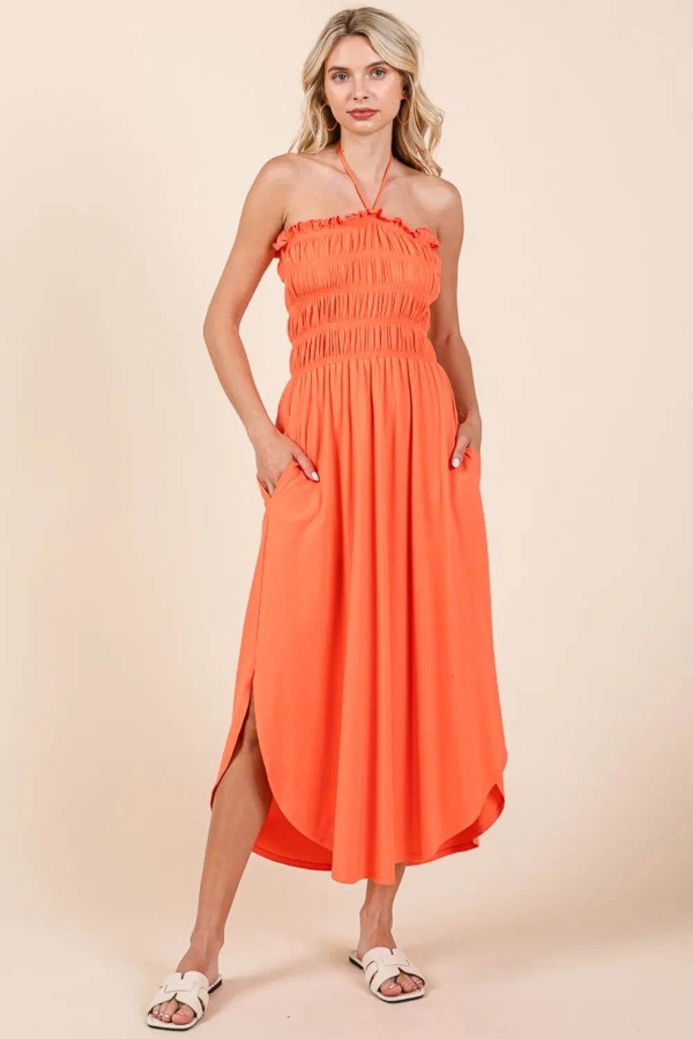 Tie Back Shirring Dress with Pockets, image 4