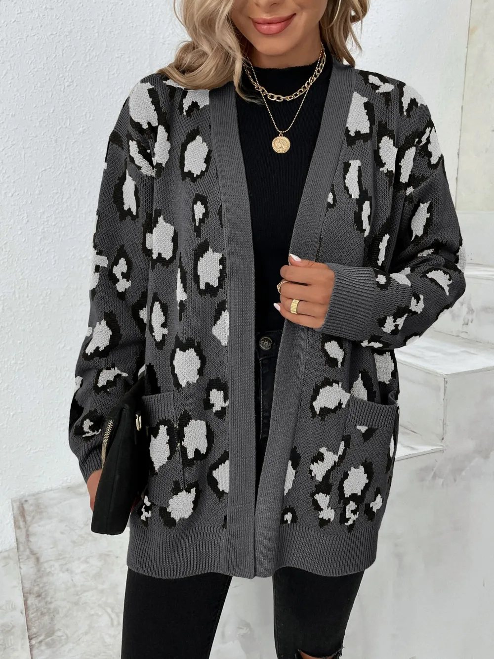 Leopard Open Front Dropped Shoulder Cardigan, image 13