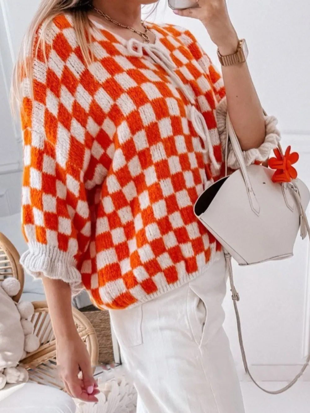 Checkered Tie-Front Knit Cardigan, image 16