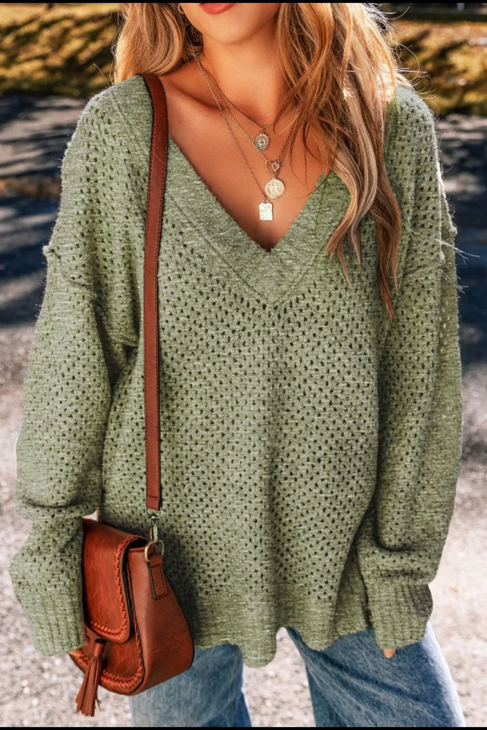 V-Neck Dropped Shoulder Long Sleeve Sweater, image 20