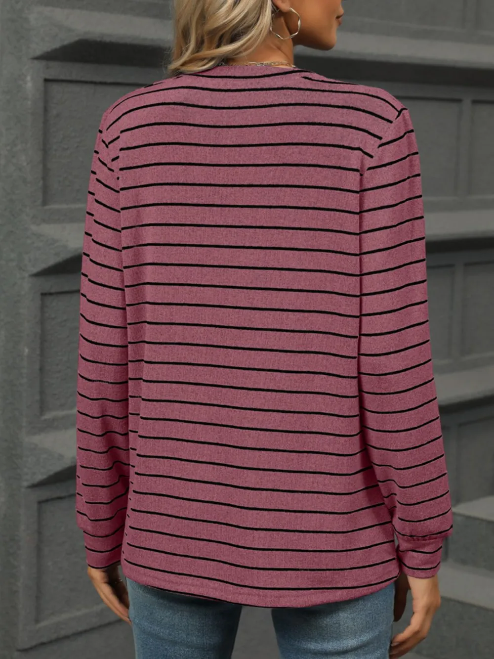 Striped Notched Long Sleeve T-Shirt, image 11