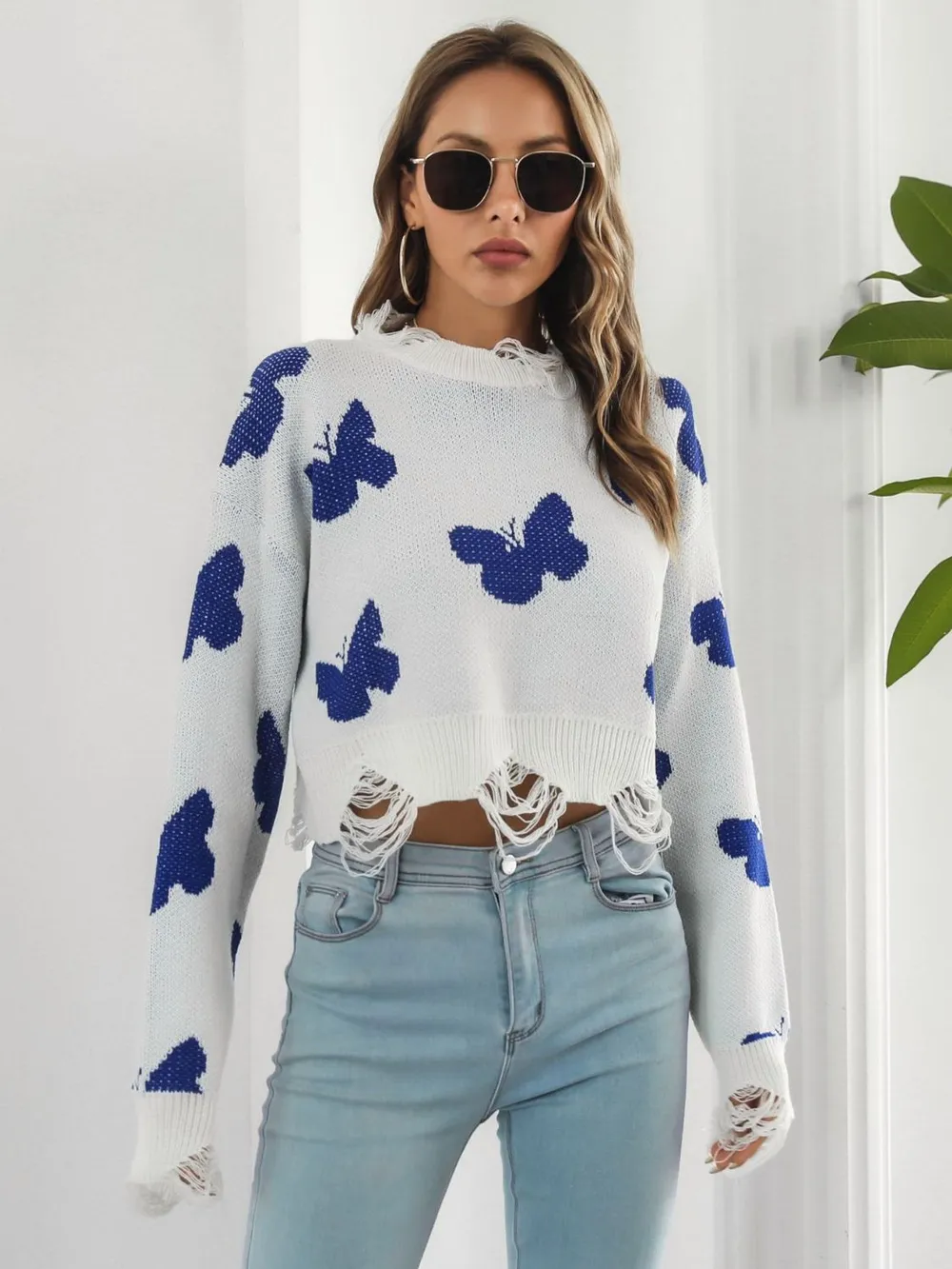 Distressed Butterfly Cropped Sweater, image 4