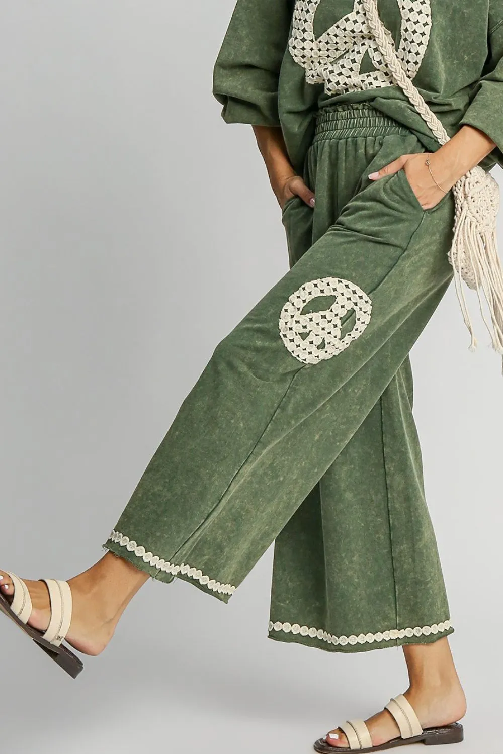 Full Size Peace Lace Applique Mineral Wash Wide Leg Pants Plus Size, image 2