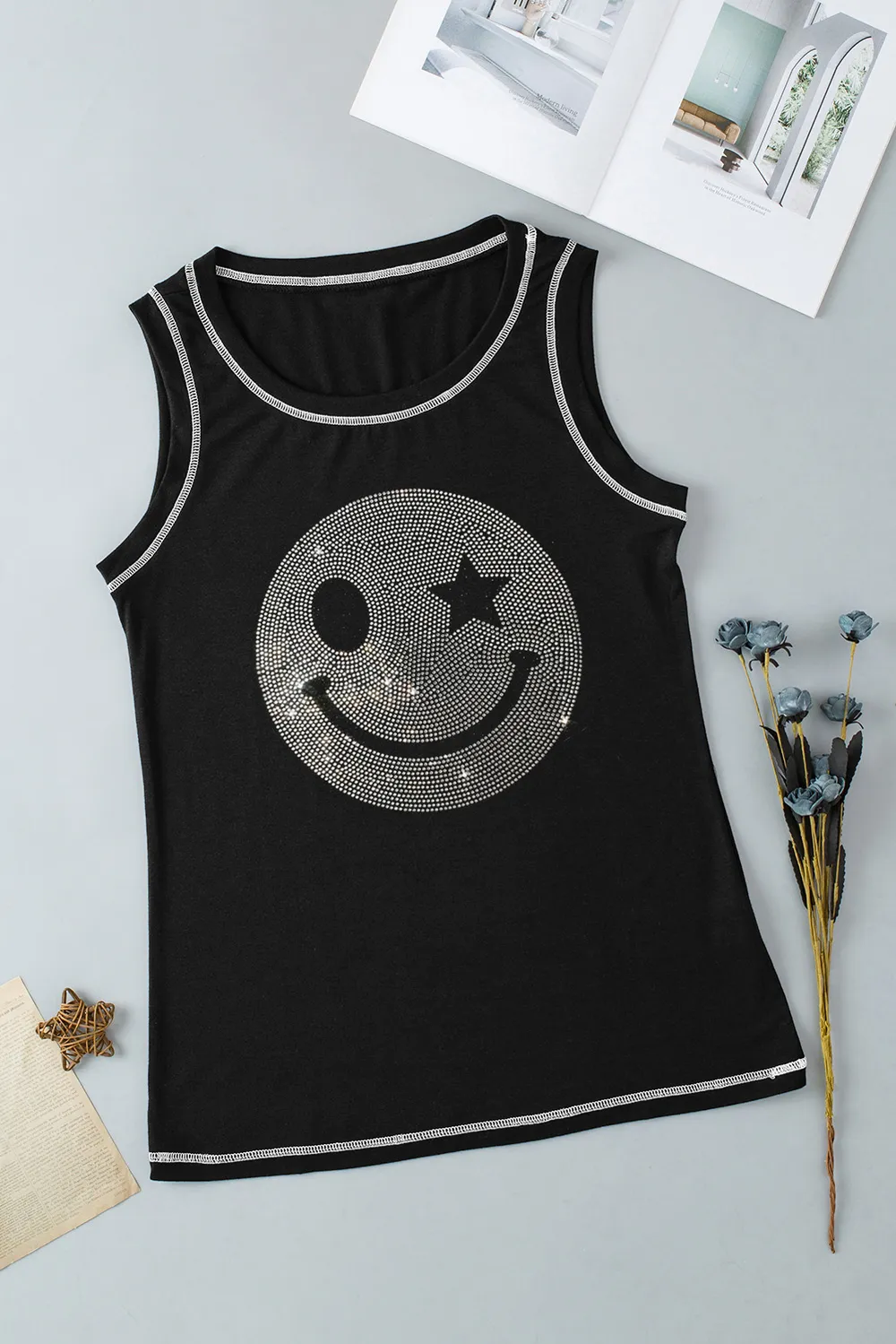 Rhinestone Smile Face Round Neck Tank, image 8
