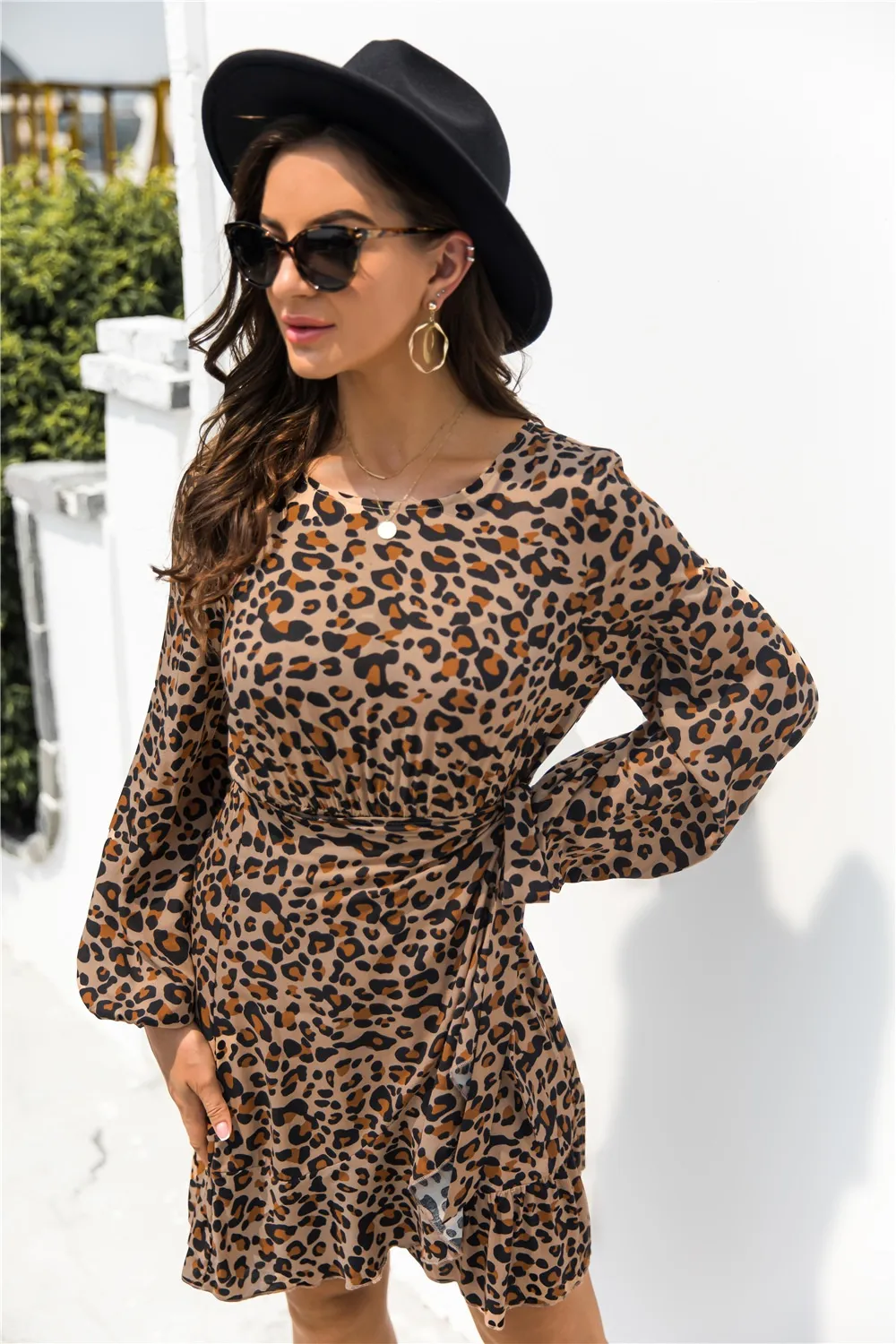 Animal Print Round Neck Balloon Sleeve Mini Dress, image 10