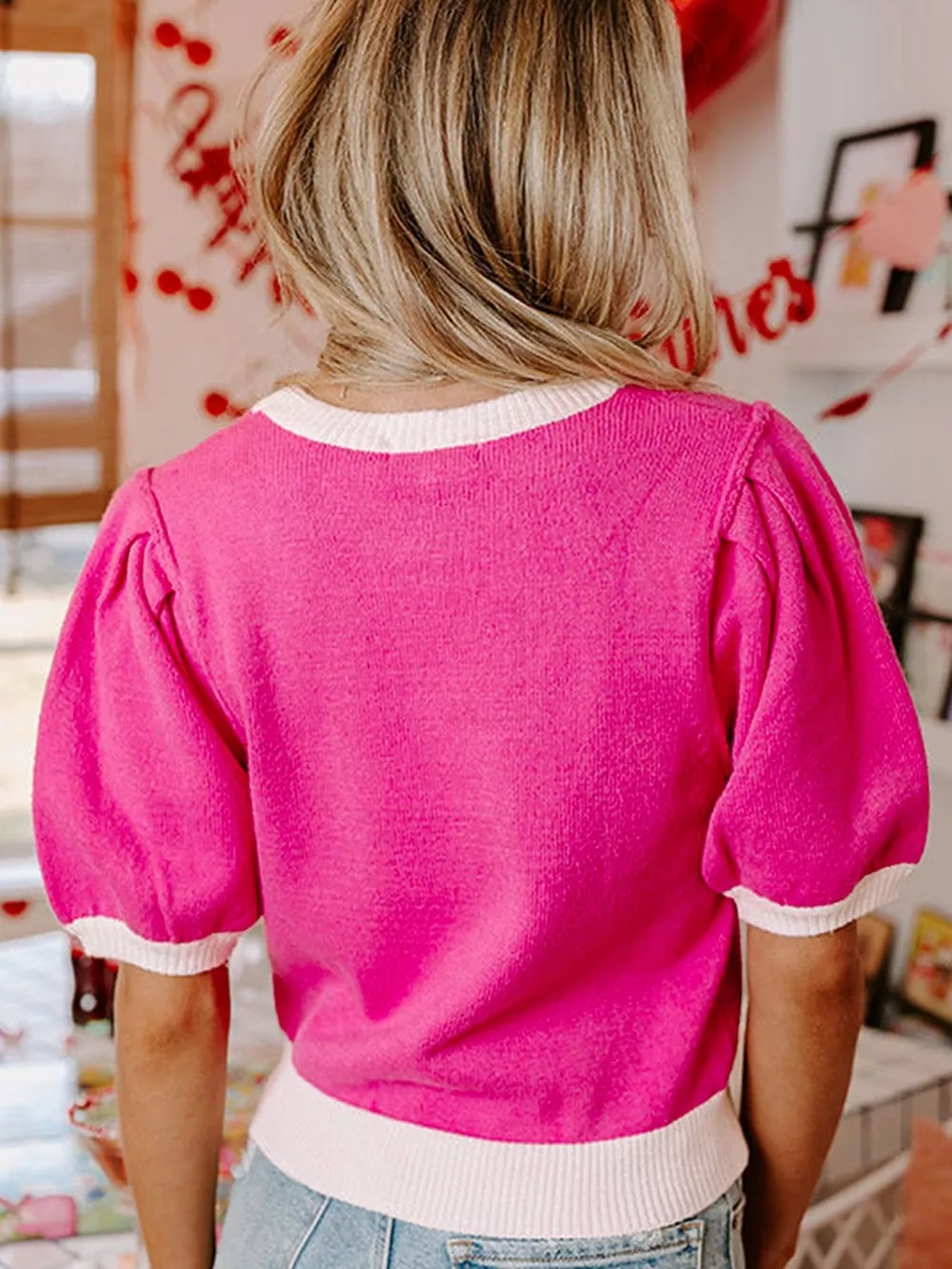XOXO Valentines Contrast Trim Crew Neck Short Sleeve Sweater, image 2