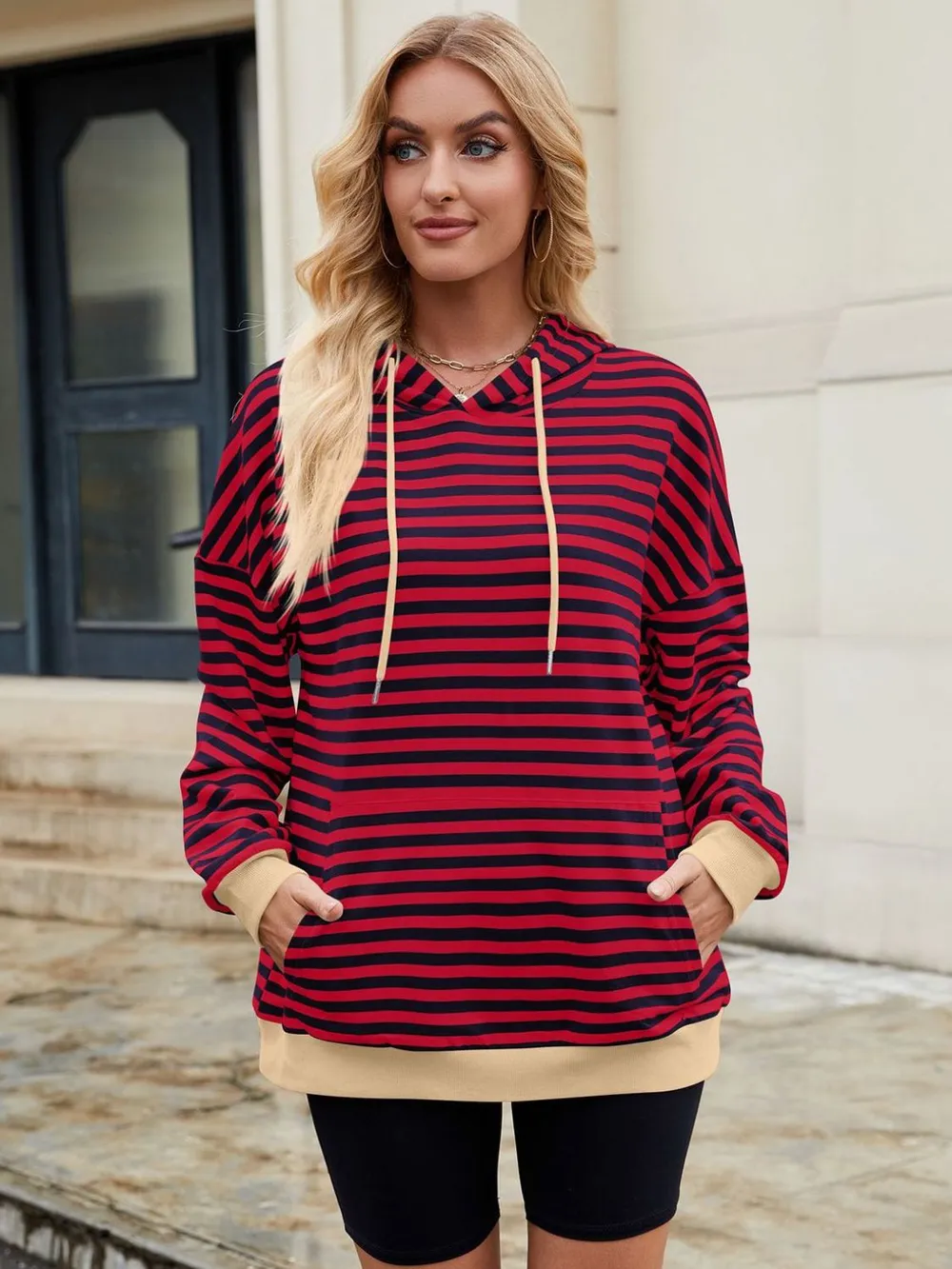 Drawstring Contrast Striped Long Sleeve Hoodie, image 14