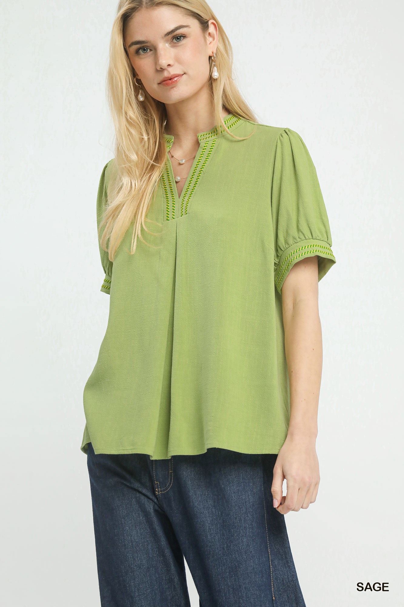 Embroidery Linen Puff Sleeve Blouse