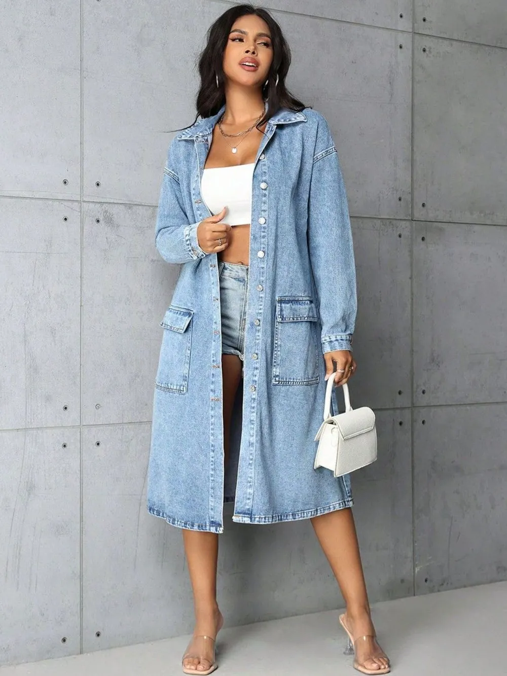 Pocketed Button Up Collared Neck Denim Top, image 5