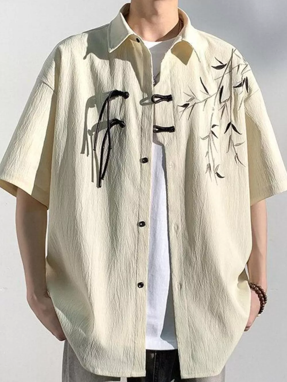 Men's Plus Size Casual Bamboo Print Half Sleeve Shirt, image 3
