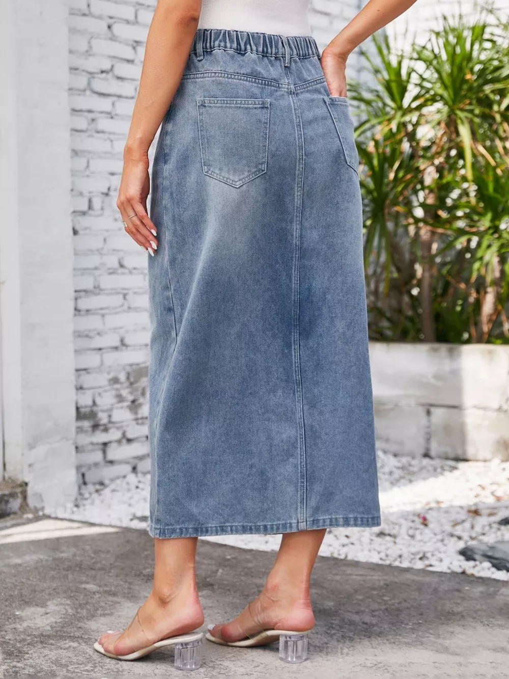 Slit Midi Denim Skirt with Pockets, image 13