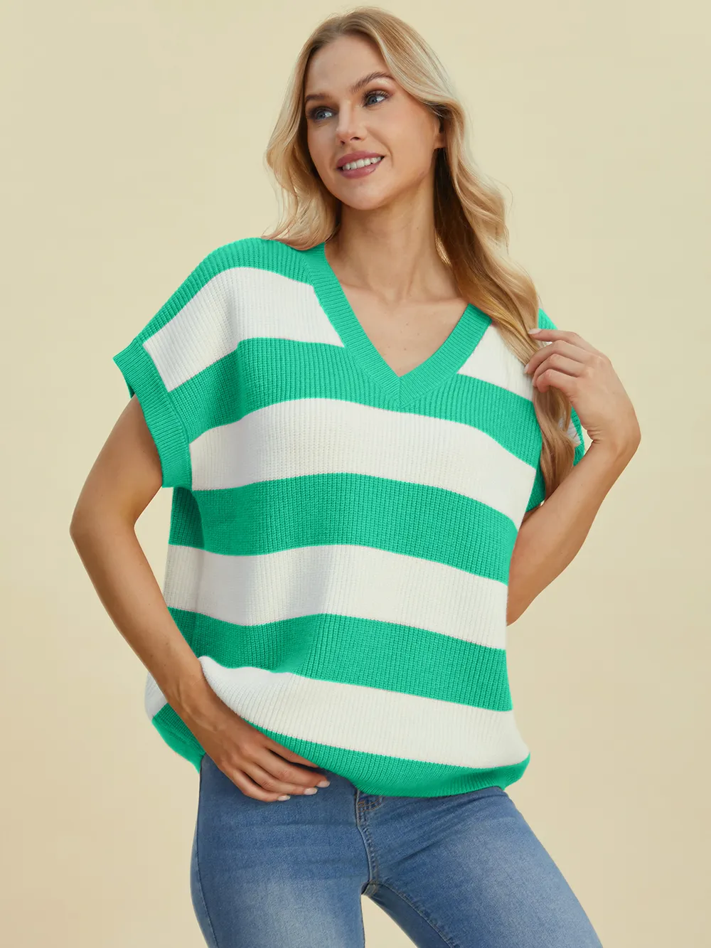 Full Size Striped V-Neck Short Sleeve Sweater, image 25