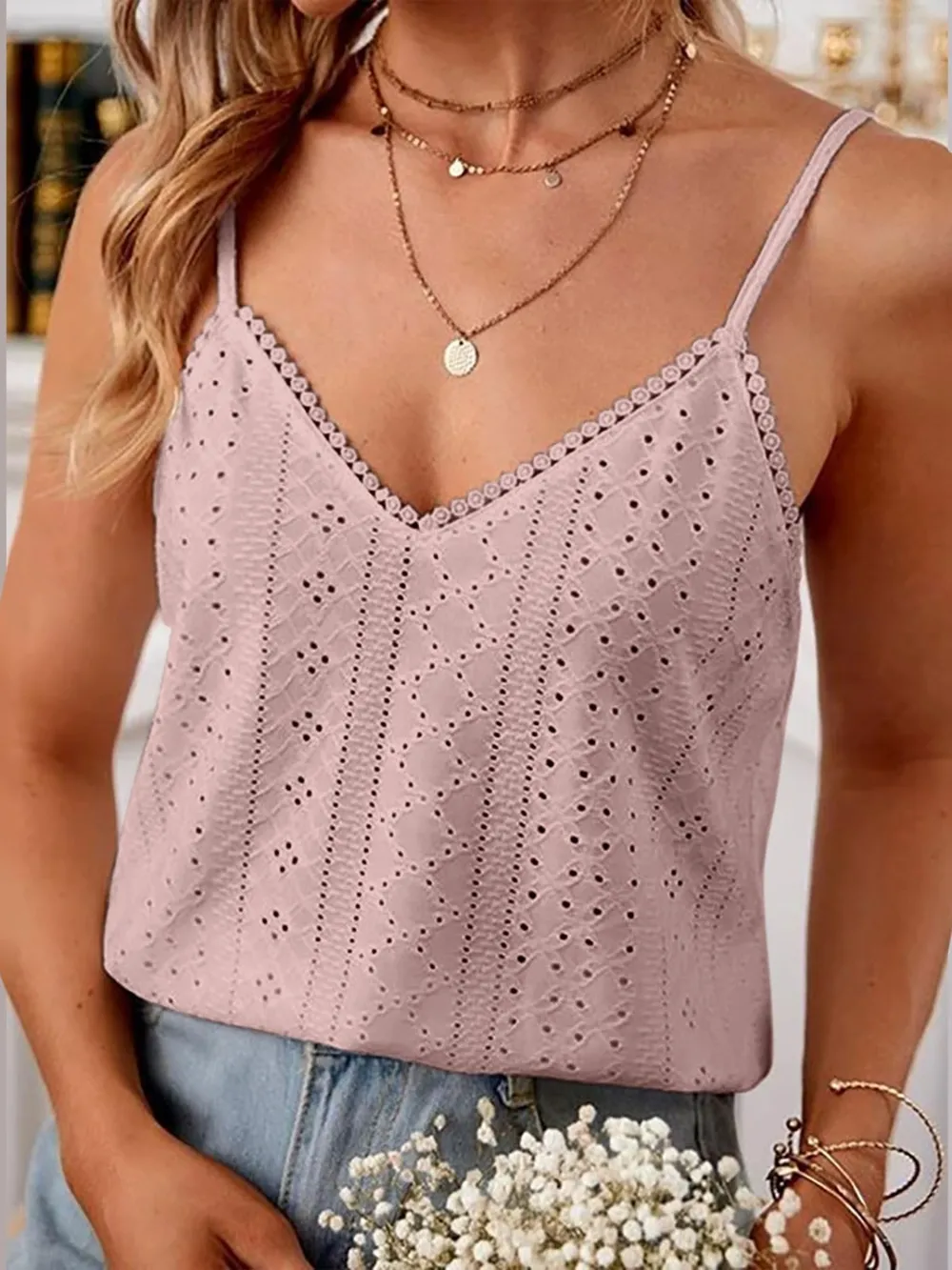 Eyelet Lace Detail V-Neck Cami, image 8