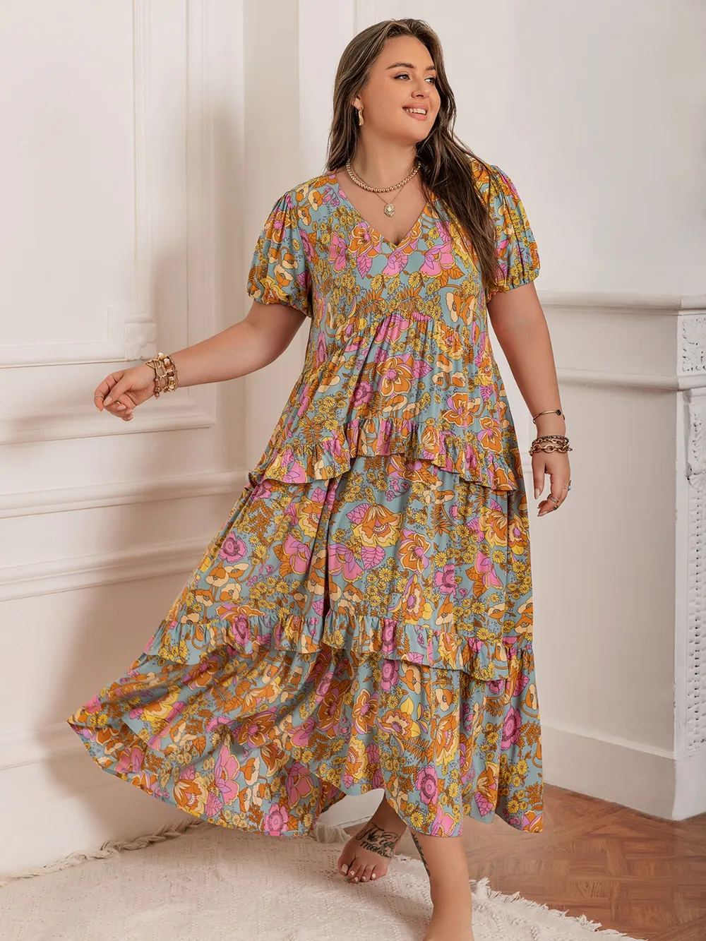 Plus Size Printed V-Neck Short Sleeve Maxi Dress, image 8