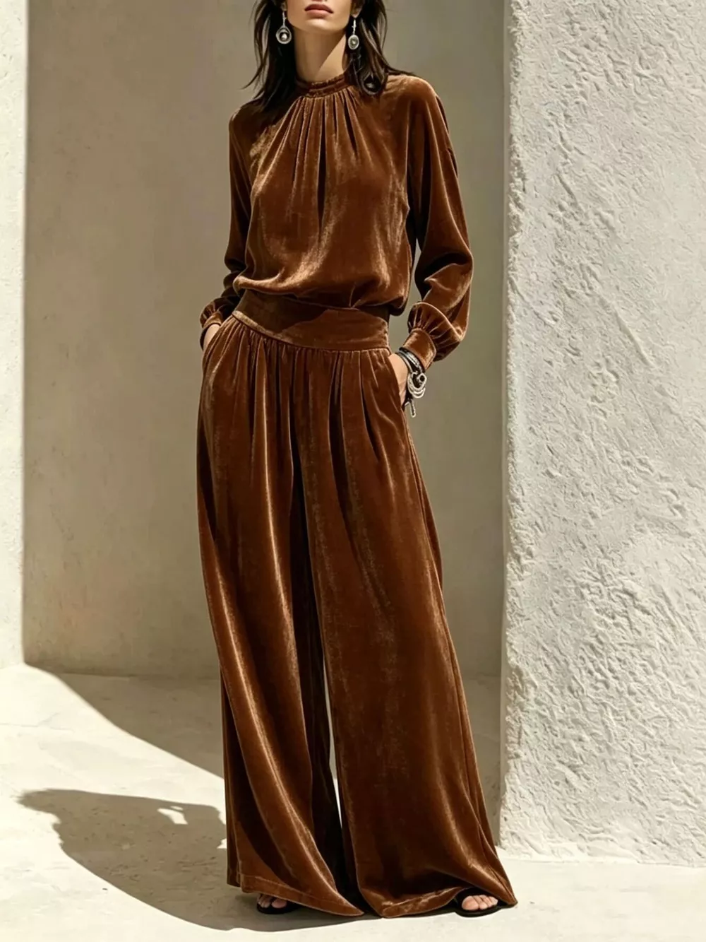 Velvet Mock Neck Long Sleeve Top and Wide-Leg Pants Set, image 7