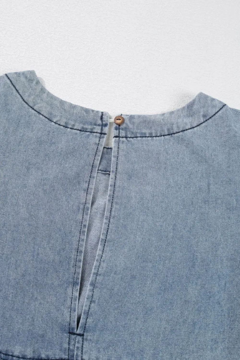 Cutout Round Neck Balloon Sleeve Denim Dress, image 8