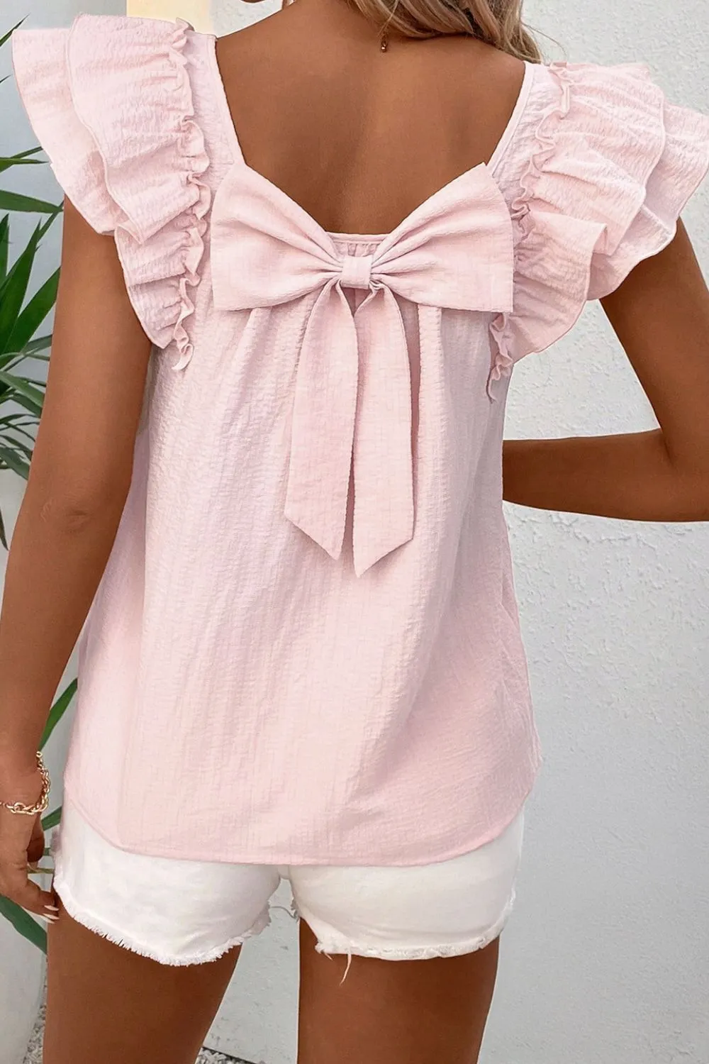 Textured Bow Knot Frilled Butterfly Sleeve Blouse