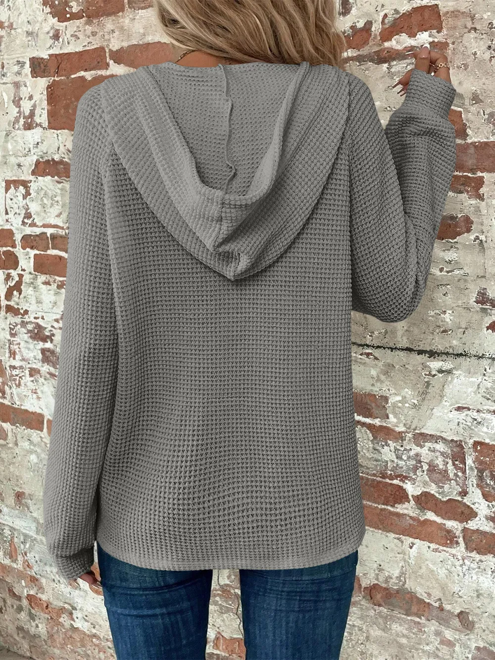 Waffle Knit Long Sleeve Drawstring Hooded Top, image 16