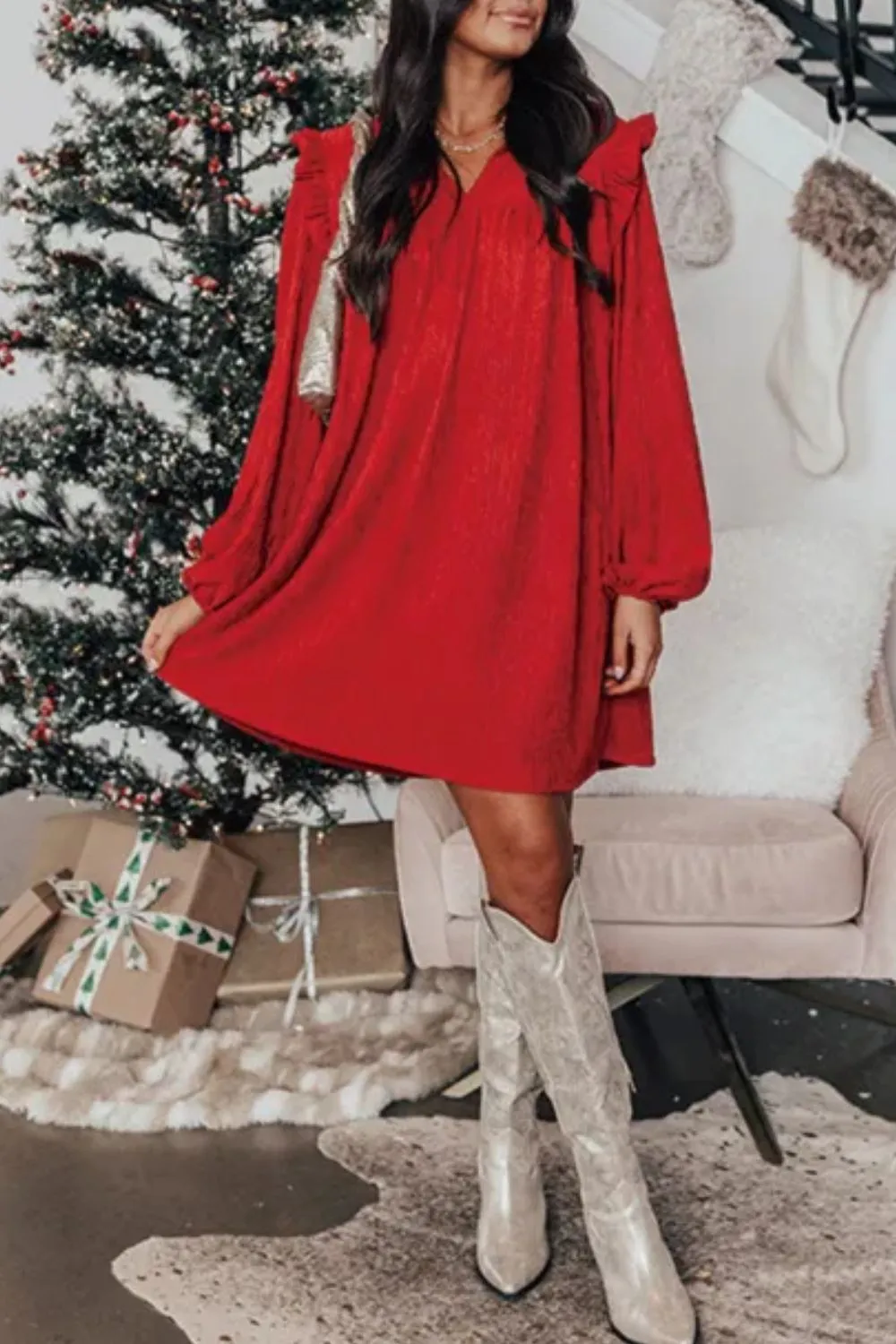 Frill Notched Long Sleeve Dress, image 10