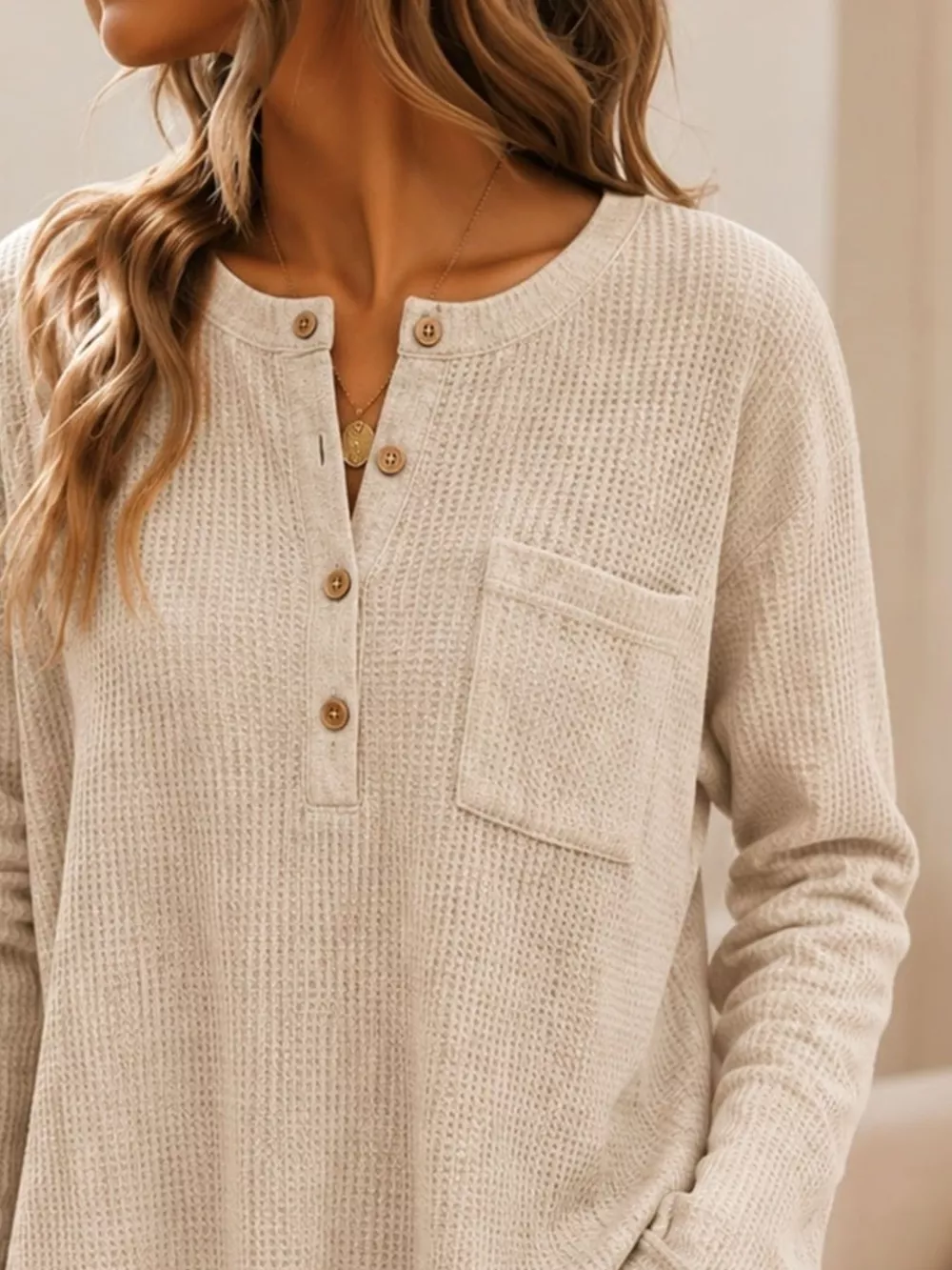Waffle Knit Button Detail Top, image 2