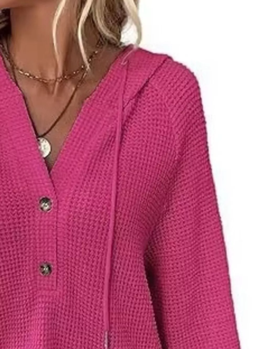 Full Size Button Detail Waffle Knit Hoodie Plus Size, image 27