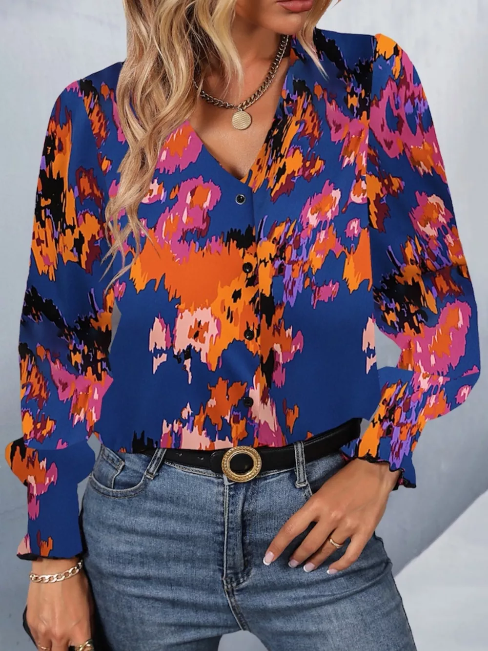 Printed Button Up Long Sleeve Shirt