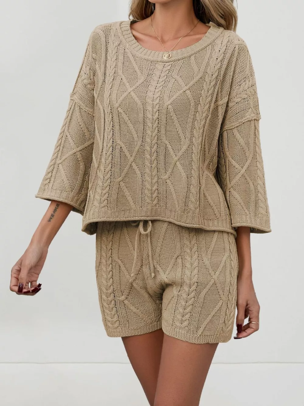 Cable Knit 3/4 Sleeve Sweater and Shorts Set, image 5