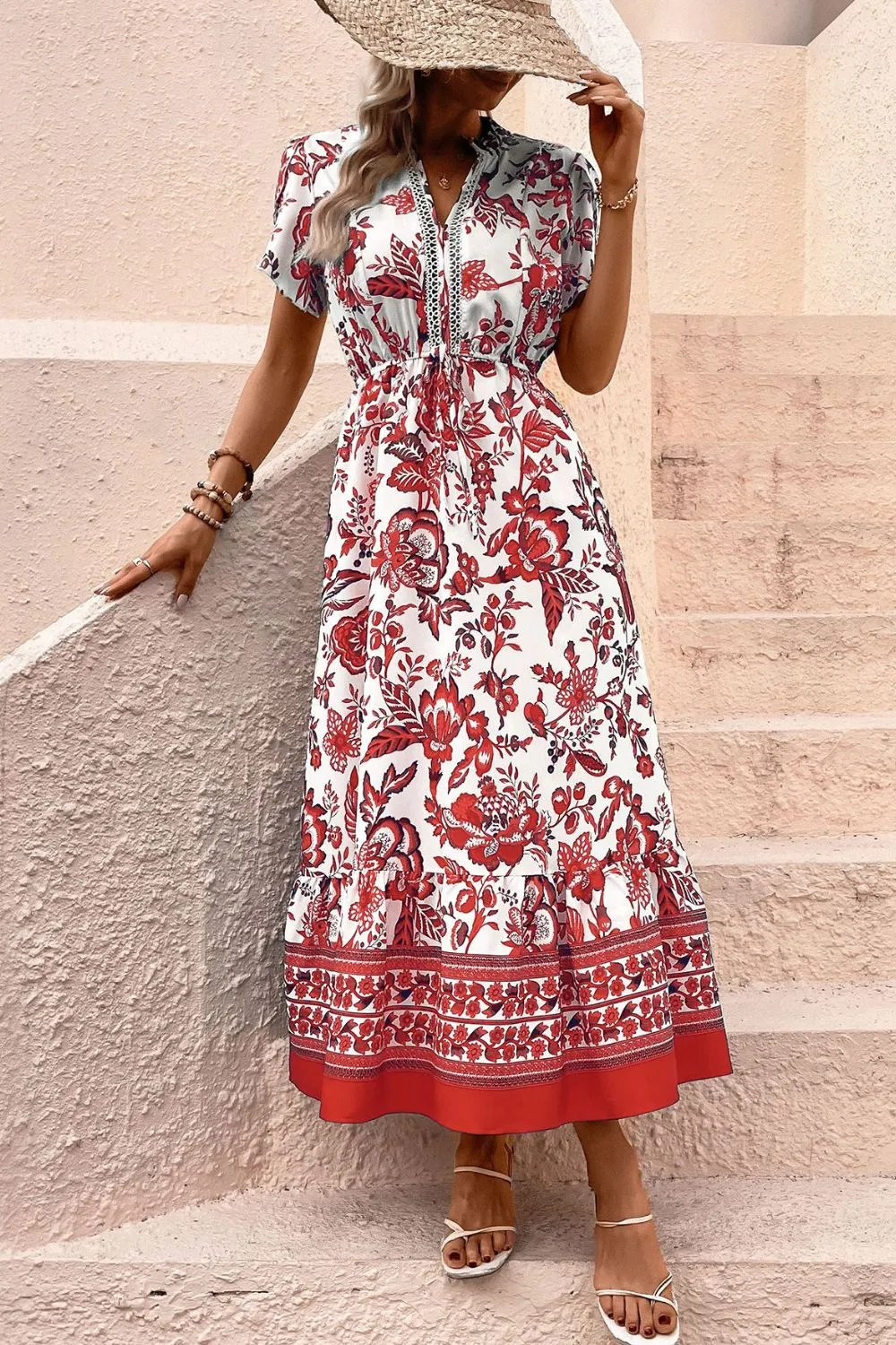 Printed Notched Short Sleeve Dress, image 11