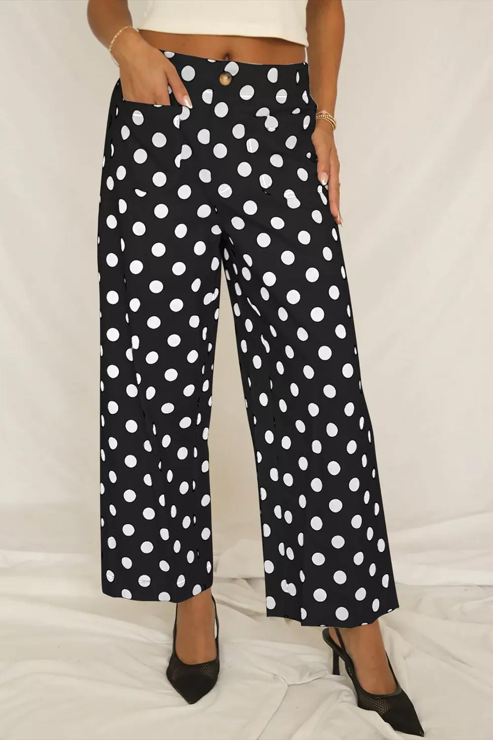 Polka Dot Print Patched Pocket Mid-rise Straight Leg Pants
