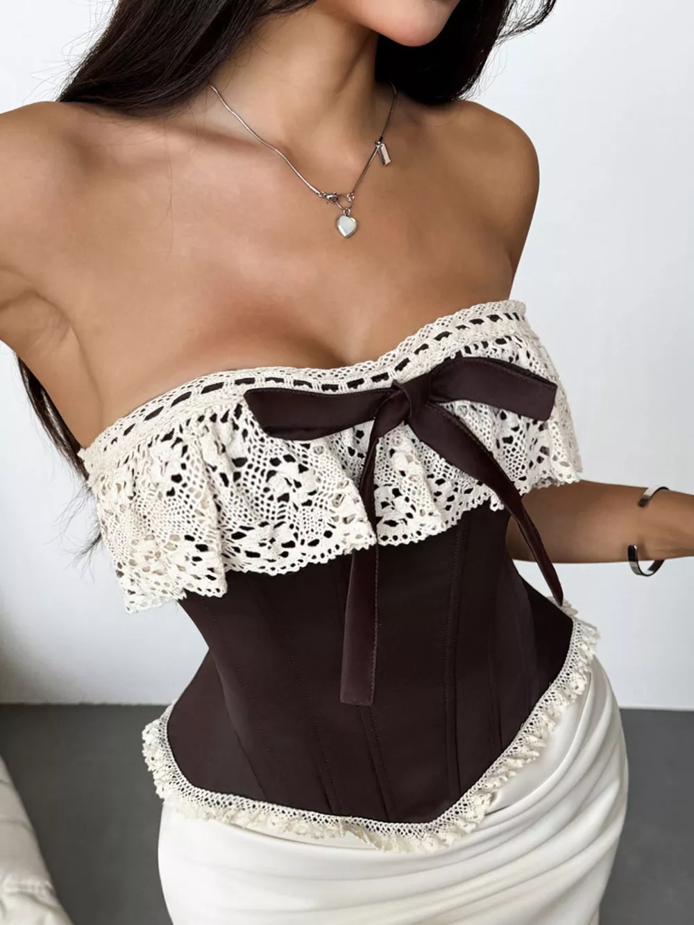 Crochet Lace Strapless Boned Corset Lace‑Up Waist Cincher Tube Top, image 2