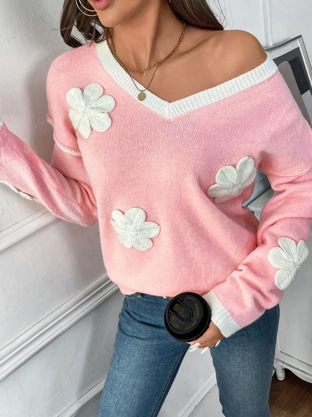 Flower V-Neck Long Sleeve Sweater, image 4