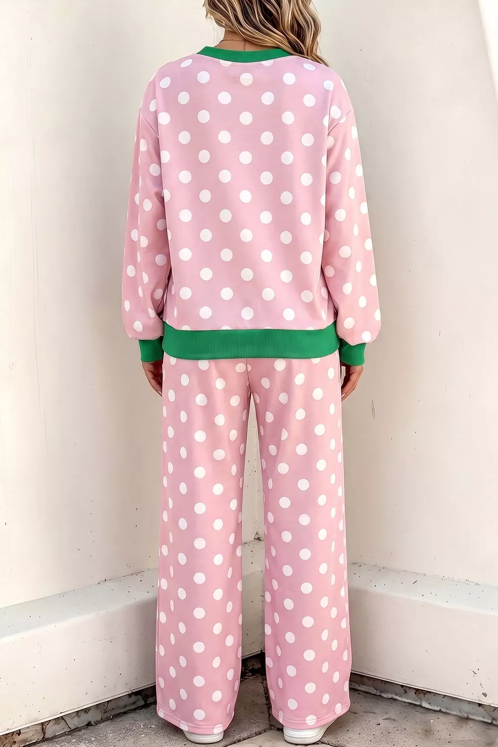 Polka Dot Long Sleeve Top and Wide Leg Pants Set, image 2