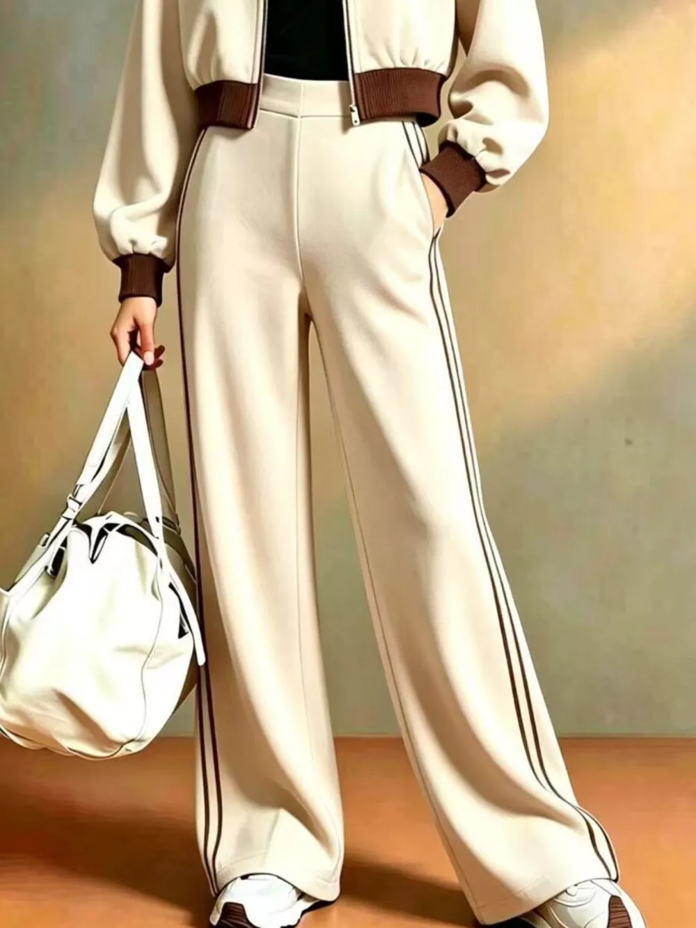 Contrast Ribbed Jacket and Wide-Leg Pants Tracksuit Set, image 3
